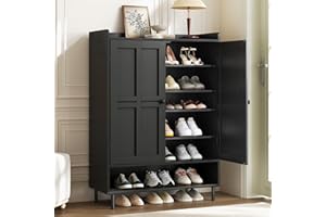 ComfyCorner Black 7+1 Tier Farmhouse Shoe Storage Cabinet - 45" Tall Entryway Organizer with Cross Molding Doors, 3 Adjustable Shelves & Metal Legs, Shoe Rack for Front Door Entrance