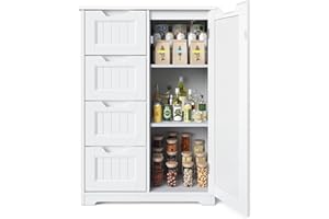 Gizoon Small Pantry with Door and Shelves, 33'' Kitchen Pantry Storage Cabinet Freestanding Wooden Bathroom Storage Cabinet with 4 Drawers for Kitchen and Dining Room, White