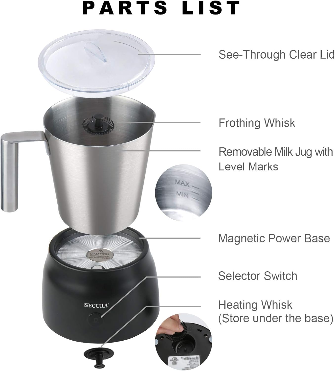 Secura 4 in 1 Electric Automatic Milk Frother and Hot Chocolate Maker Machine 17oz/500ml Foam Stainless Steel Dishwasher Safe Cordless Detachable Milk Jug: Kitchen & Dining
