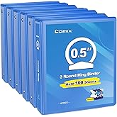COMIX Sturdy 0.5 Inch 3 Ring Binder with Clear View Cover | 0.5"Heavy Duty Round Ring,PVC-Free Board,Holds 100 Letter Sheets,Wholesale for Offices &amp; Classrooms,6 Pack (Light Blue)