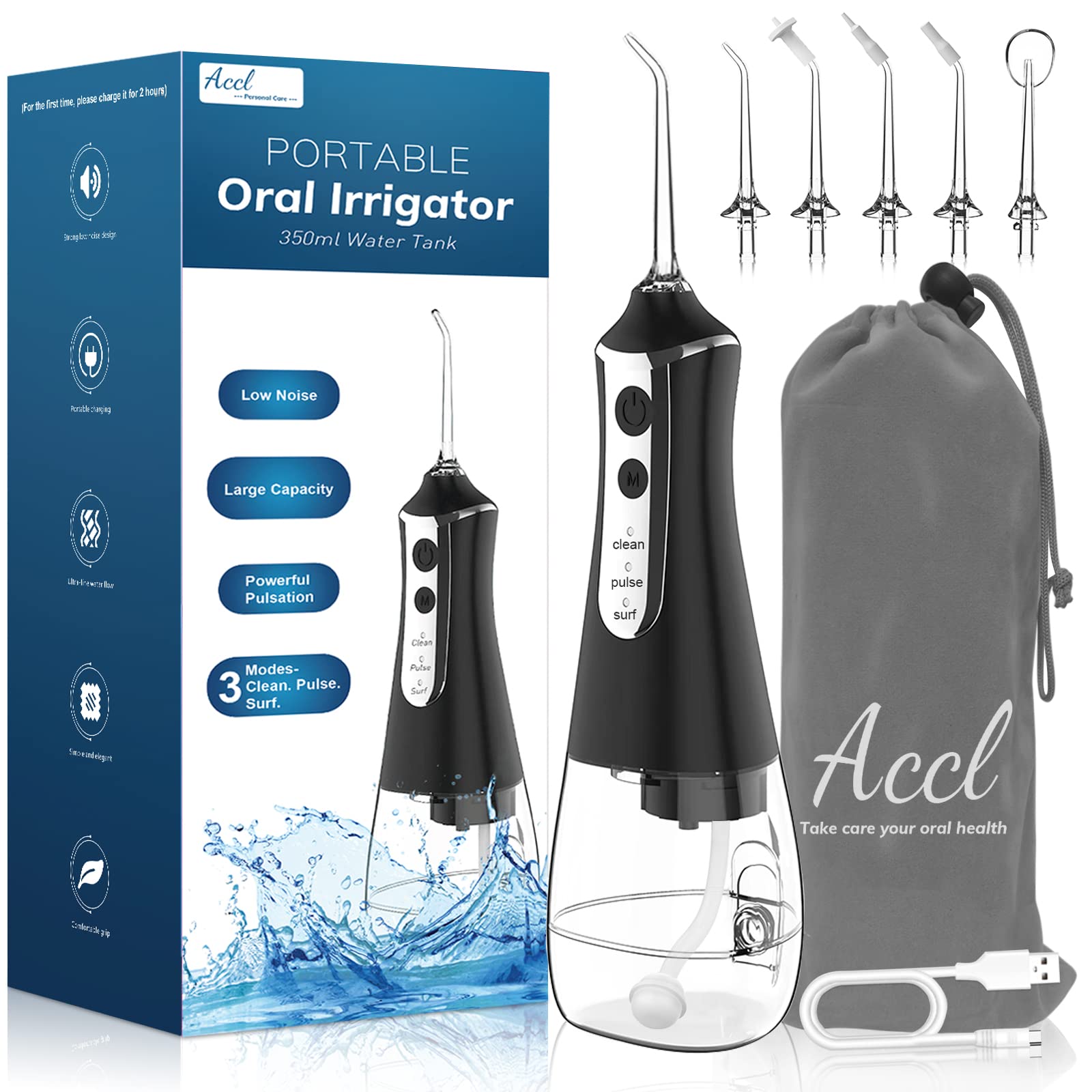 ACCL Water Flosser Cordless Teeth Cleaner, 350ML Portable Cordless Dental Oral Irrigator for Tooth Care Home Use and Travel, 3 Modes with 5 Jet Tips & Travel Bag, Black