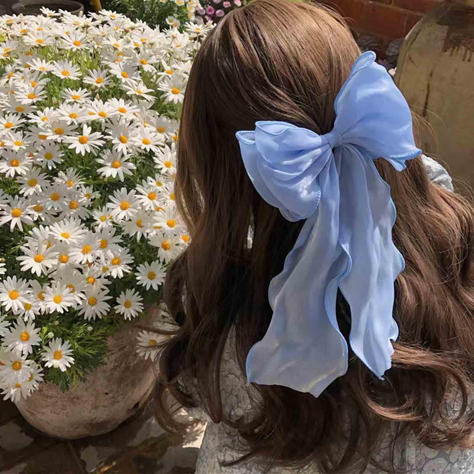 Aneneiceera Vintage Silk Bow Hair Clip with Blue Tulle, Chiffon Long Tail Barrette Decorative Accessories for Women and Girls