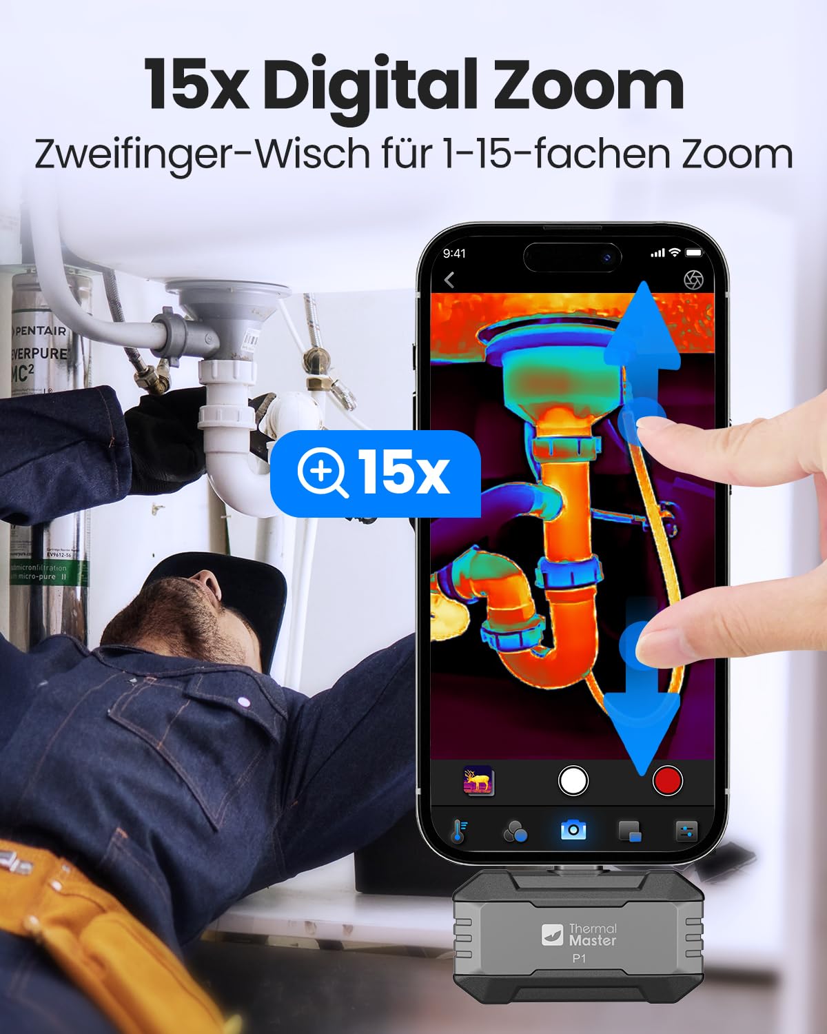 Thermal Master P1 Wärmebildkamera für iPhone 15/16 und Android Infrarotkamera mit Super IR Auflösung 320x240, Wärmebildkameras ±2℃ Genauigkeit Haus-Inspektion 15x Zoom, Grau 5