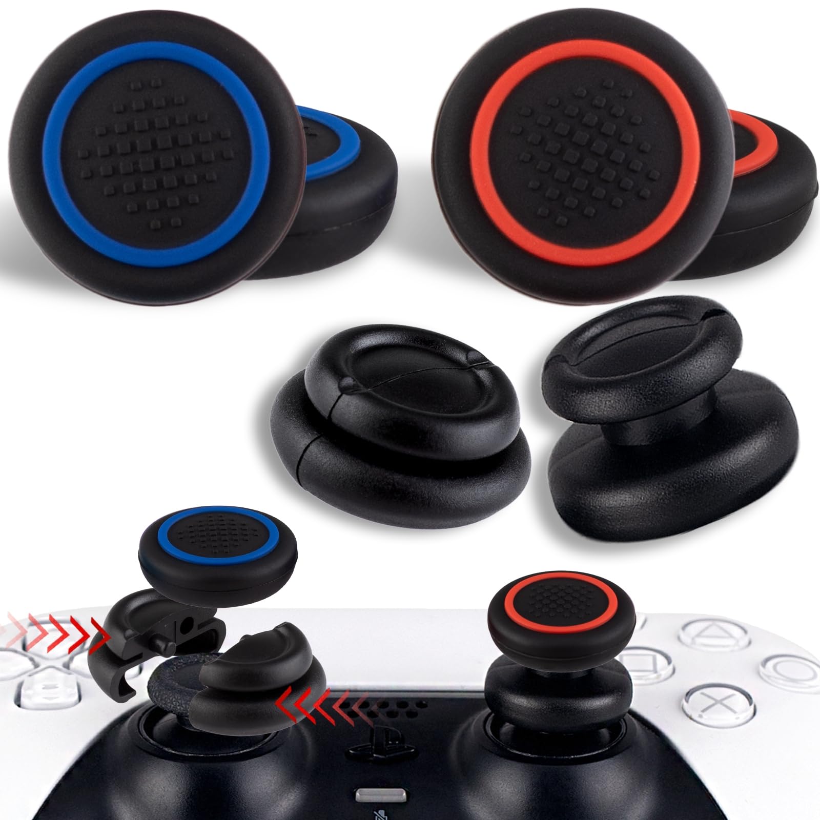 PlayRealm NO Falling Off Thumbstick Extender x 2 & Thumb Grip x 4 for PS5 & PS4 Controller (Black Red + Blue Ring)