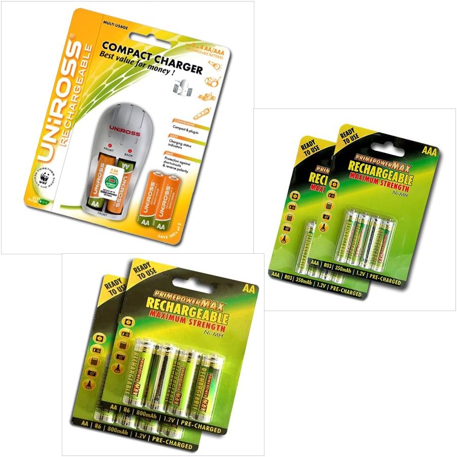 Uniross Compact Battery Charger with 20 Rechargeable Batteries - 12 x AA + 8 x AAA
