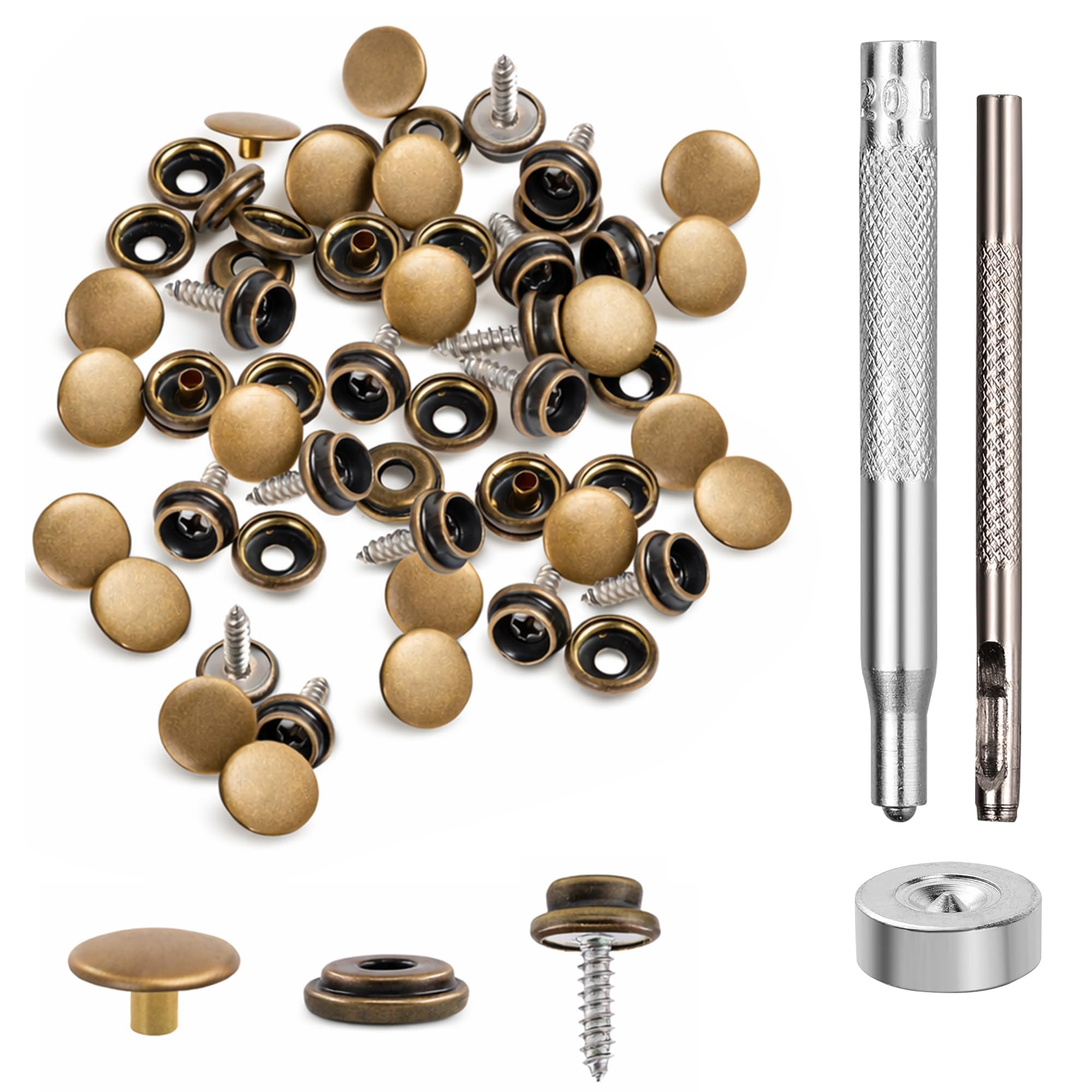 Trimming Shop 15mm Screw Press Studs, 15mm Bronze Durable Metal Snap Fasteners with Fixing Hand Tool Set for DIY Projects, Boat Cover, Marine Grade, Wood, Leathercrafts