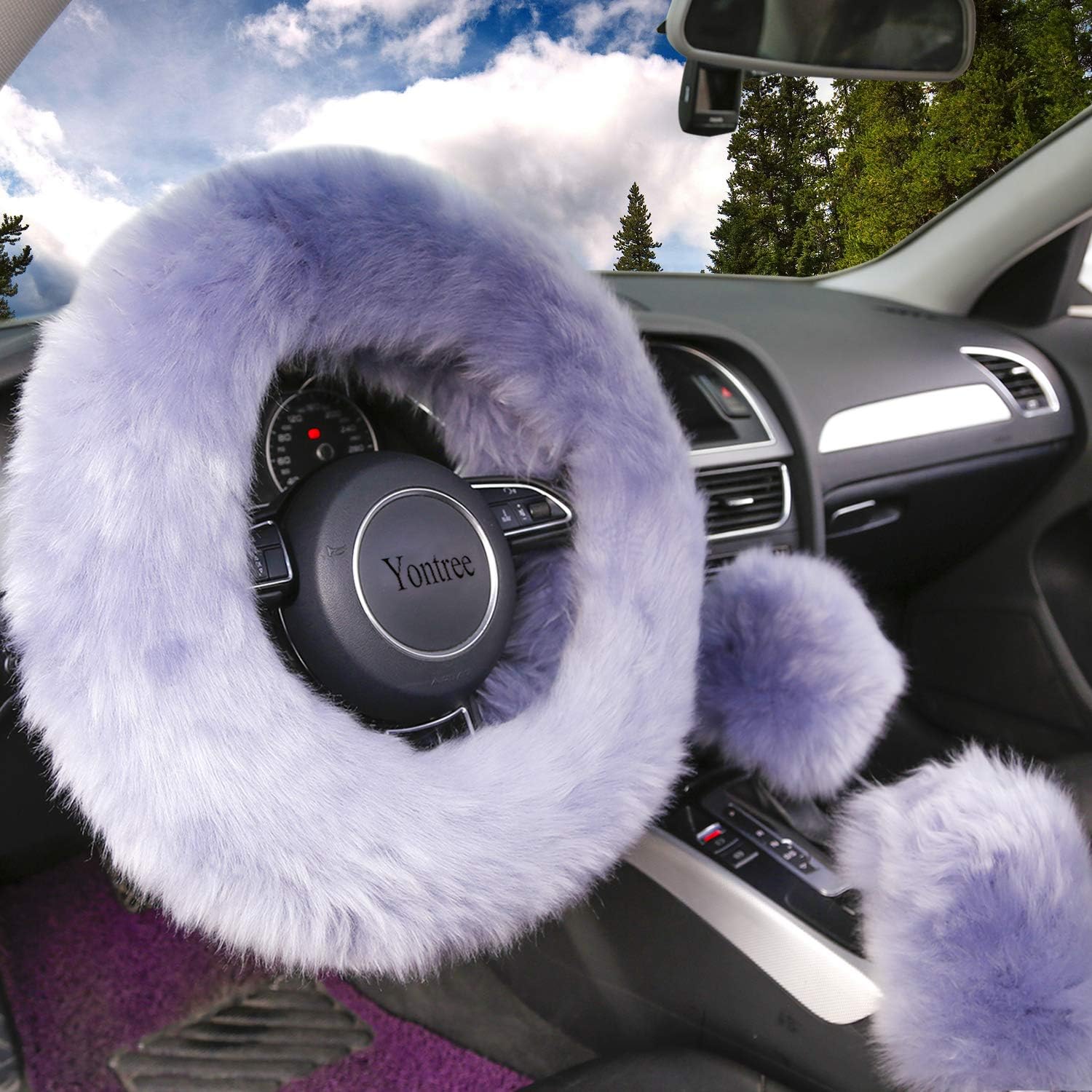 Yontree Fashion Fluffy Steering Wheel Covers for Women/Girls/Ladies Australia Pure Wool 15 Inch1 Set 3 Pcs (Pink): Automotive