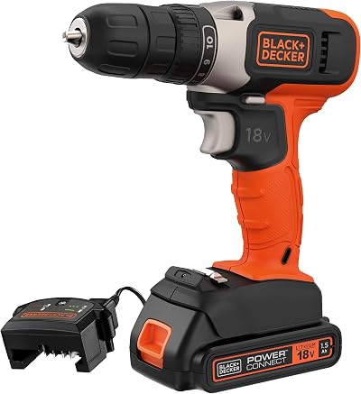 BLACK+DECKER 18V Cordless Drill Driver 37Nm LED Worklight 1.5Ah Battery