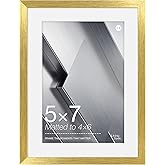 LIVINGTASTE 5x7 Picture Frame with Tempered Glass,Brush Gold,Self-standing | 5x7 Aluminum Frame with Removable Mat for 4x6 Photos, Minimalist Frame for Tabletop &amp; Wall That Hangs Horizontal or Vertical