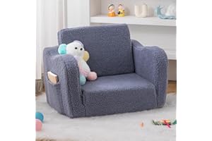 SUFUS Toddler Baby Chair Couch Sofa Kids Foldable 2-in-1 Sherpa Fold Out Couch Bed Toddler Chairs Comfy for Boys & Girls Convertible Kids Furniture Lounge Chair for Playroom with Double Pockets, Dark Grey