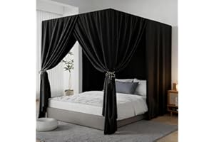 YRDKB Black Canopy Bed Curtains - 4 Corner Post Bed Curtains Queen Lightproof Siamesed Drapes Bed Canopy for Adults & Girls Bedroom Decoration(Black,Queen)