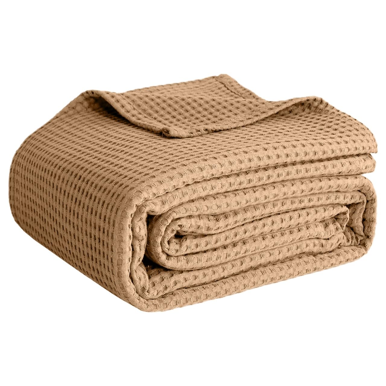 Photo 1 of 100% Cotton Blankets Throw Size for Bed - Waffle Weave Blankets for Summer, Lightweight and Breathable Soft Woven Blanket for Spring (Bright Beige, Throw (50" x 60")