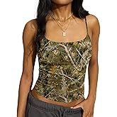 BAIGRAM Women Camo Crop Tank Top Spaghetti Strap Backless Camisole Fitted Maple Leaf Print Sleeveless Going Out Top Y2K