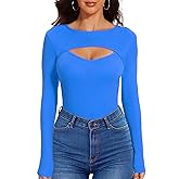WXXYCS Sexy Cut Out Long Sleeve Tops for Women, Round Neck Ribbed Knit Fitted Tee T-Shirt,Open Chest Design for Going Out Tee