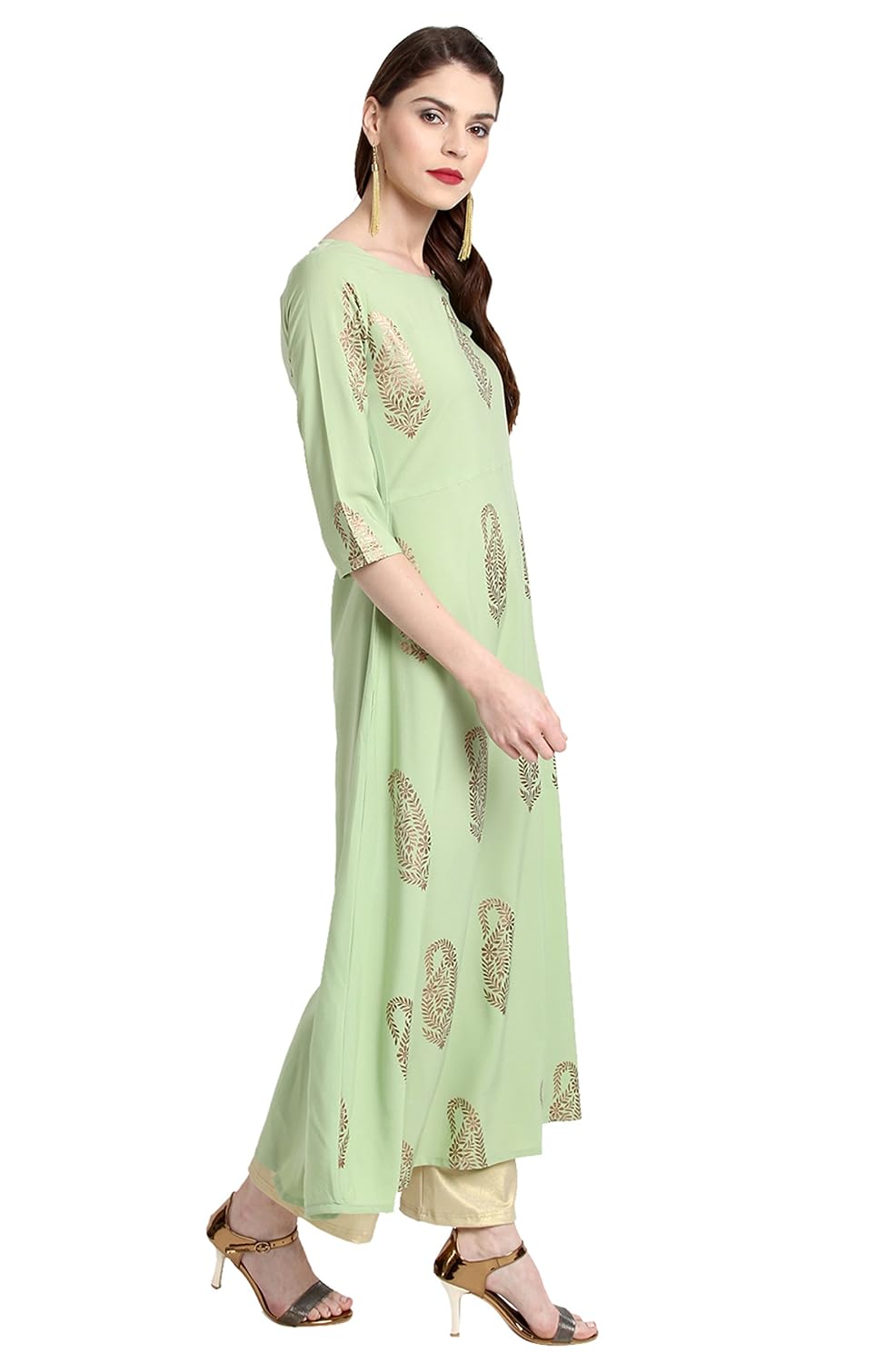 janasya women's crepe a-line gold foil print kurta