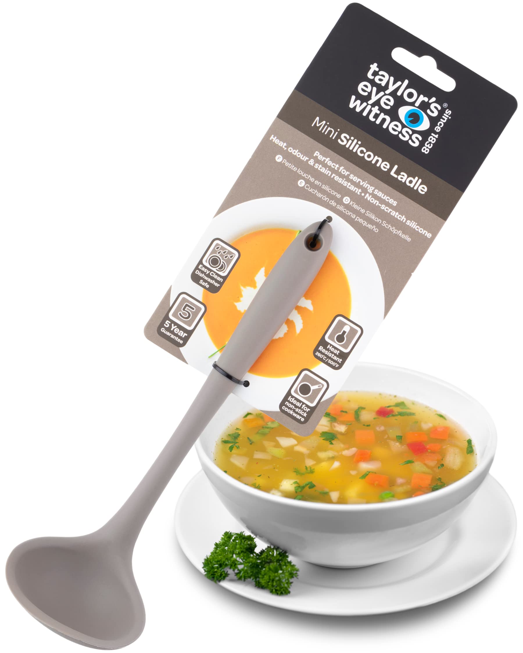 Taylors Eye Witness Grey Mini Silicone Ladle Spoon - Dishwasher Safe. Perfect for Non-Stick Pans. Hygienic Alternative to Wood. Odour, Stain & Heat Resistant (260°C/500°F). 5 Year Guarantee.