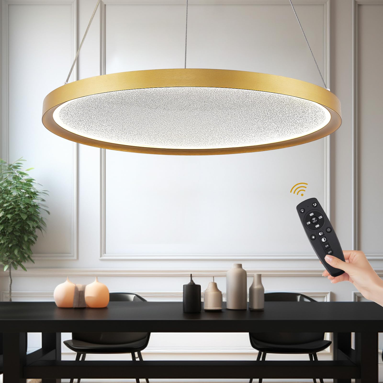 Photo 1 of AIRYPHANT 24" Round Gold Chandelier Dimmable Pendant Light Fixture with Starry Sky Shade Flush Mount Pendant Chandelier for Dining Room Office Bedroom Resturant, 3000K-6500K