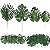 LOMIRO 60 Pieces 4 Kinds Artificial Palm Leaves with Faux Stems Tropical Plant Leaves Monstera Leaves Safari Leaves for Hawai