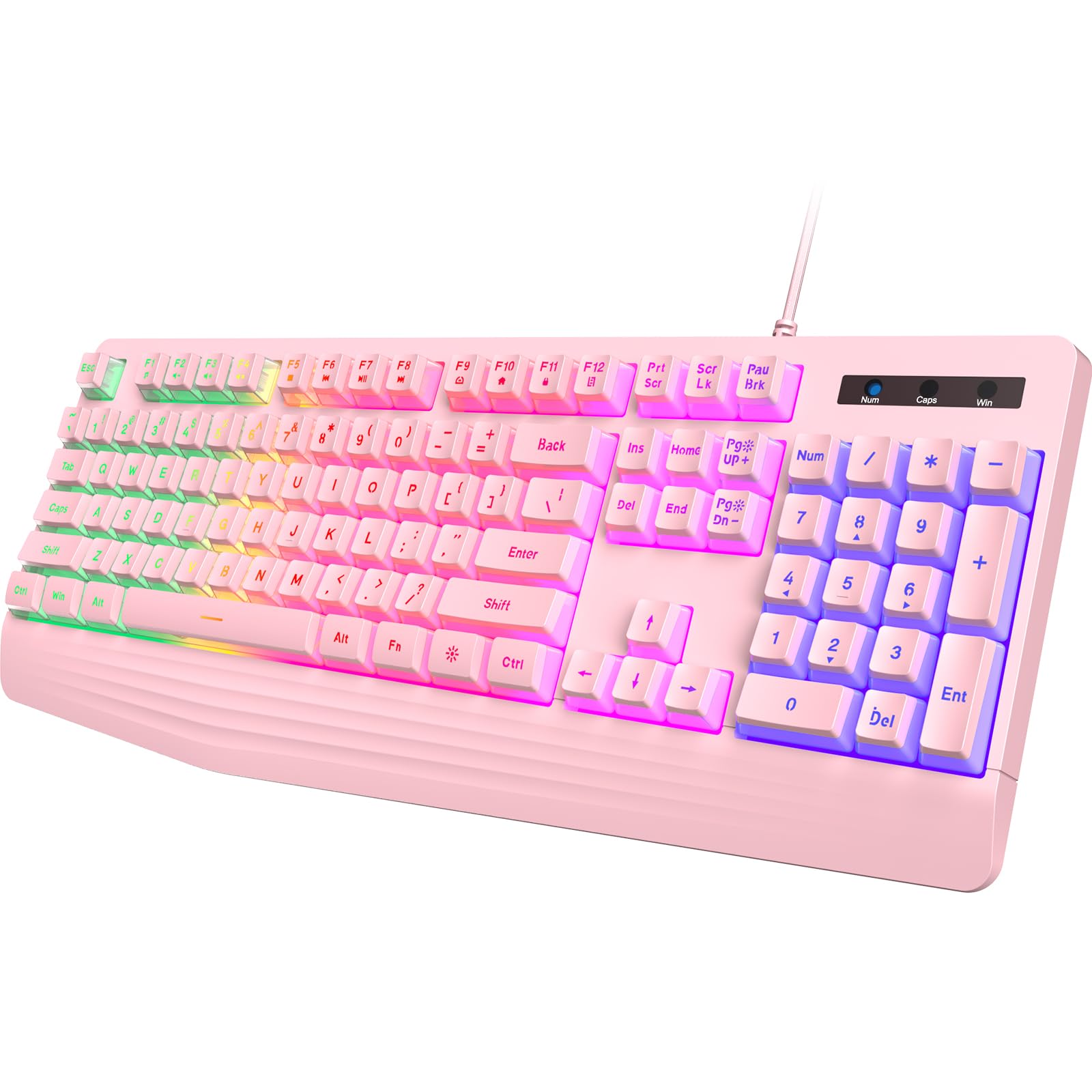 Pink Creamy Keyboard, Rainbow LED Backlit, 104 Keys Silent Light Up Gaming Keyboard with Wrist Rest, PBT Keycap, Anti-ghosting, Waterproof USB Wired Computer Keyboard for PC Mac Xbox
