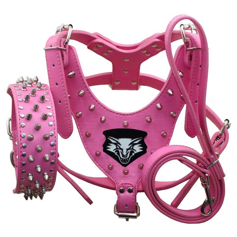 haoyueer Medium & Large Dog Leather Spiked Studded Dog Harness,Collar & Leash 3Pcs Set for Pit Bull,Mastiff, Boxer, Bull Terrier (M, Hot Pink)