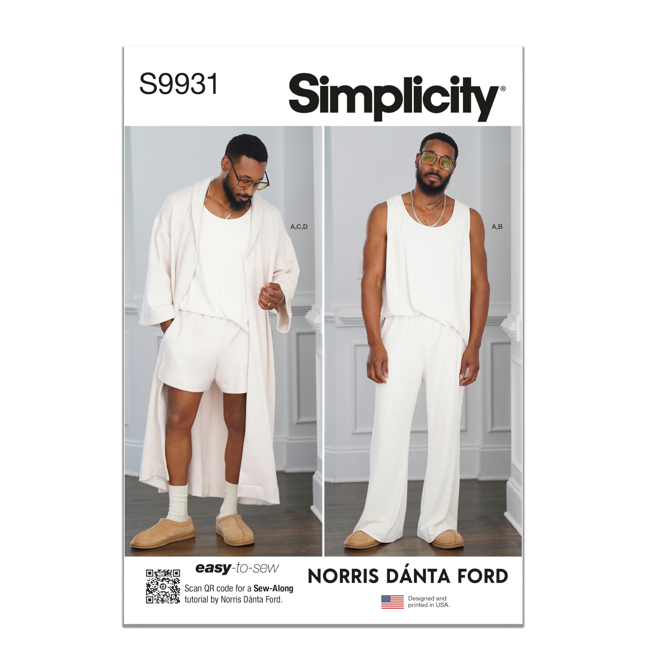 Photo 1 of Simplicity SS9931A Easy to Make Men's Robe, Knit Tank Top, Pants and Shorts Loung Set Sewing Pattern Packet by Norris Danta Ford, Design Code S9931, Sizes S-M-L-XL-XXL