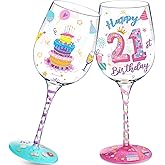 Nitial 2 Pack 21st Happy Birthday Wine Glass 15 oz Long Stemmed Wine Glass Hand Painted Personalised Gift for Her Party Supplies(Birthday Cake)