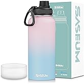 SASEUM Sport Water Bottle 32oz Stainless Steel Double Wall Vacuum Thermal Mug with Leak Proof Spout Lids, Wide Mouth Metal Insulated Water Jug for Gym and Travel(Blue Pink)