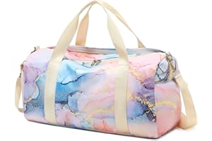 BTOOP Duffle Bag for Teens Girls Dance Overnight Sports Workout Travel Bag Women with Shoe Compartment and Wet Pocket (Marble 31 -Pink Blue)