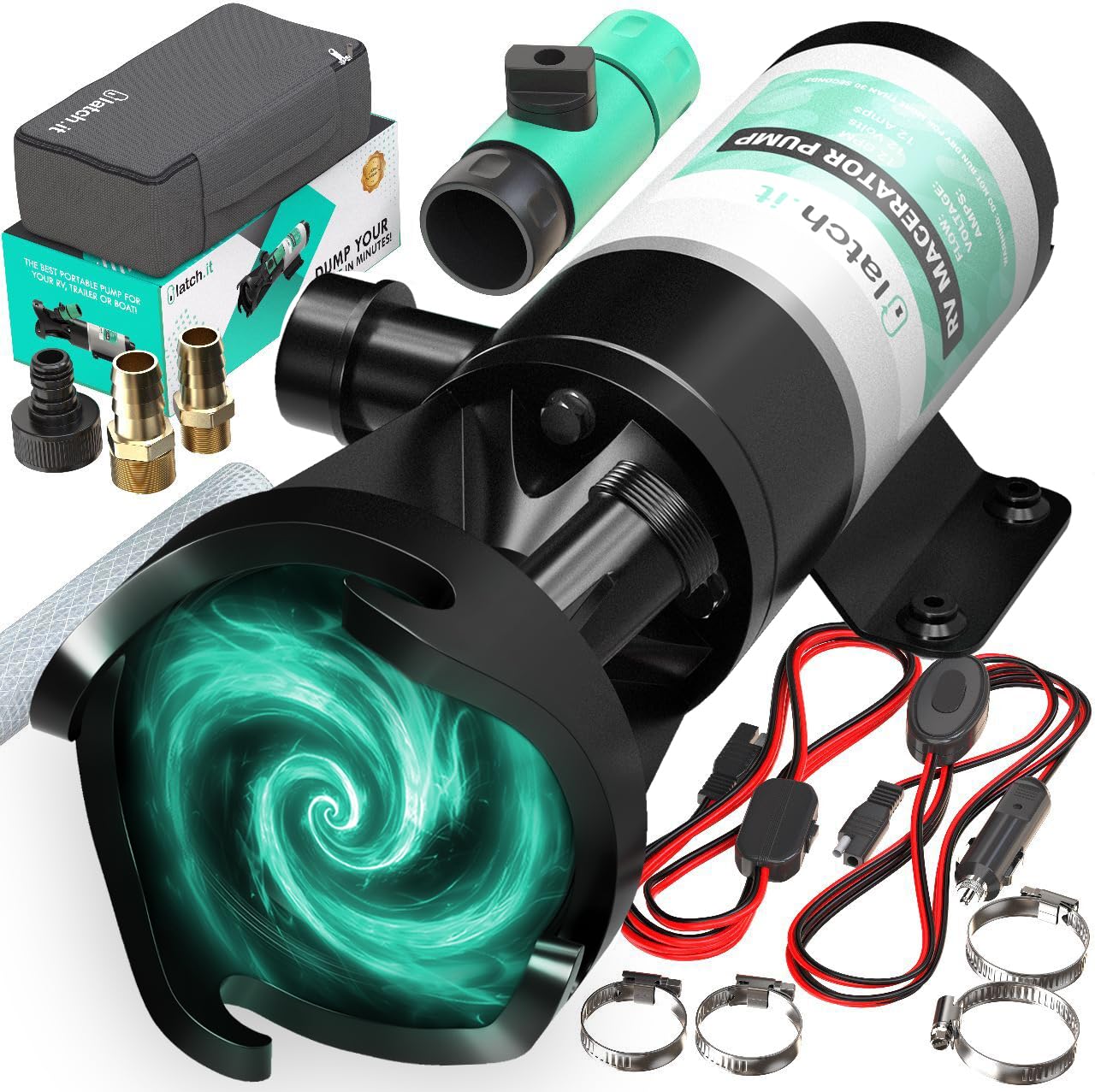 Photo 1 of LATCH.IT RV Macerator Pump 12V | 12GPM Macerator Pump for RV V2.0 | RV Waste Pump Macerator w/Quick-Release Fittings, Hoses & Clamps | 7-15A | Portable RV Pump | Dump 15 Gallons of waste per minute!