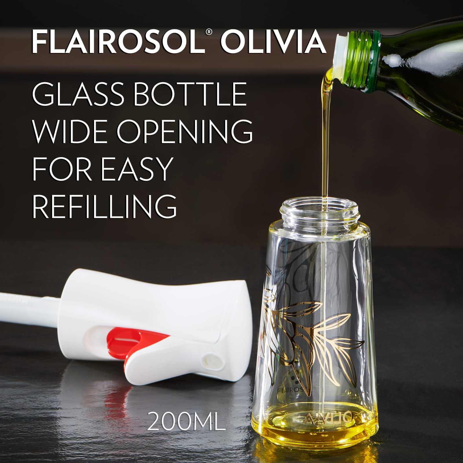 FLAIROSOL OLIVIA Oil Sprayer for Cooking, 200ml Glass Olive Oil Sprayer, Continuous Cooking Spray Bottle with Portion Control, Olive Oil Dispenser for Kitchen, Air Fryer, Salad, BBQ (Golden Leaves)
