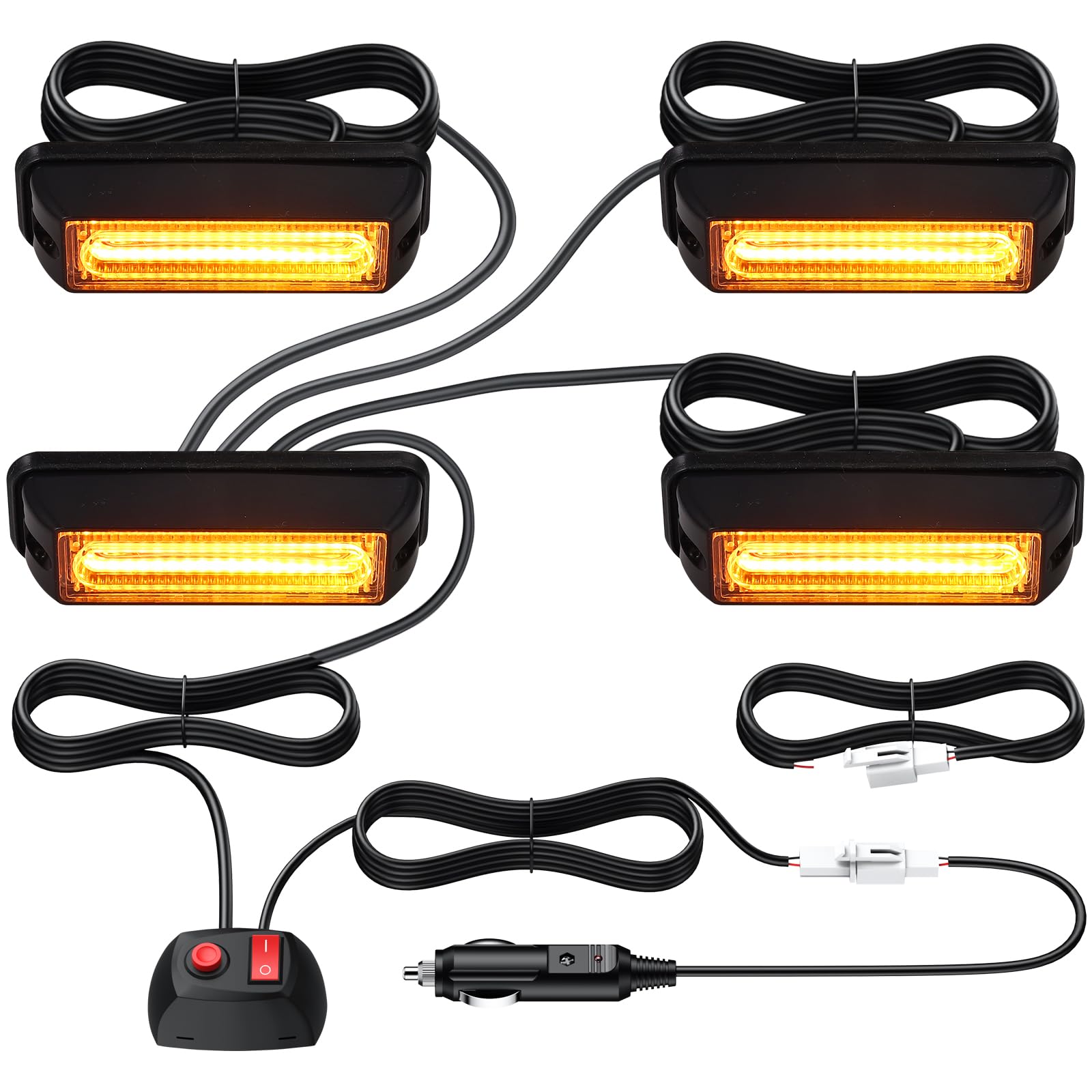 Justech 4PCS COB Recovery Lights 12V 24V Hazard Warning Light Amber Warning Beacon Emergency Grill Lights 18 Flash Modes with Car Cigarette Lighter for Vehicle Truck Trailer Caravan Van Lorry Tractors