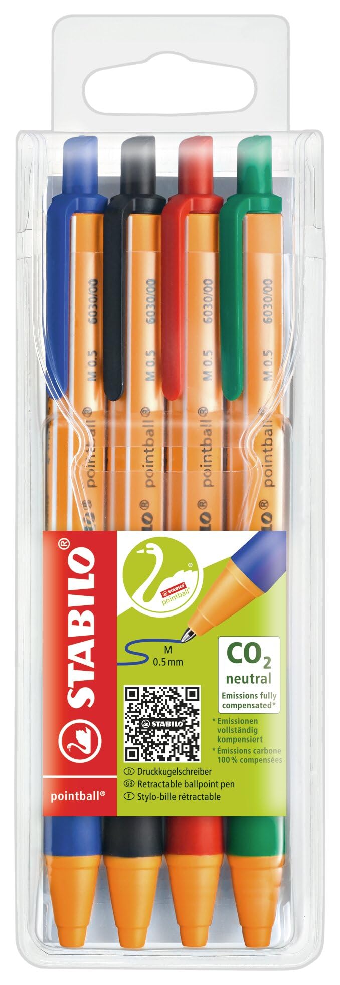 STABILO pointball - Ballpoint Pen - Pack of 4 - Blue, Black, Red Green