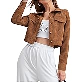 Floerns Women's Western Corduroy Jacket Button Down Collared Crop Top Outerwear