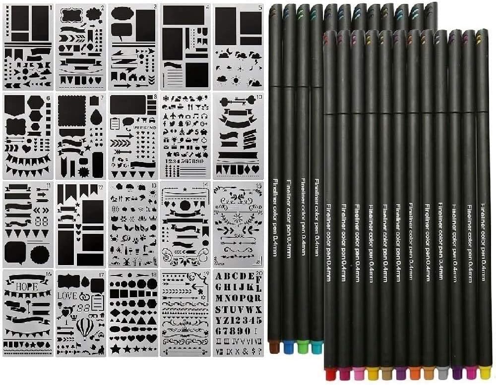 44 PCS Journal Stencils and Pens Set,Plastic Journal Stencil and Journal Pens for Journal/Notebook/Diary/Scrapbook DIY Drawing Template