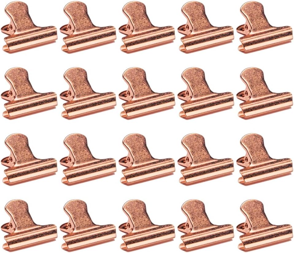 Vintage Seal Clamps for Coffee Tea Food Bags, Bulldog Clips Without Hole, Paper File Clips with Strong Spring, Small Metal Binder Clips, Decorative Clips for DIY Photo Grid (Rose Gold,30 mm, 20 Pack)