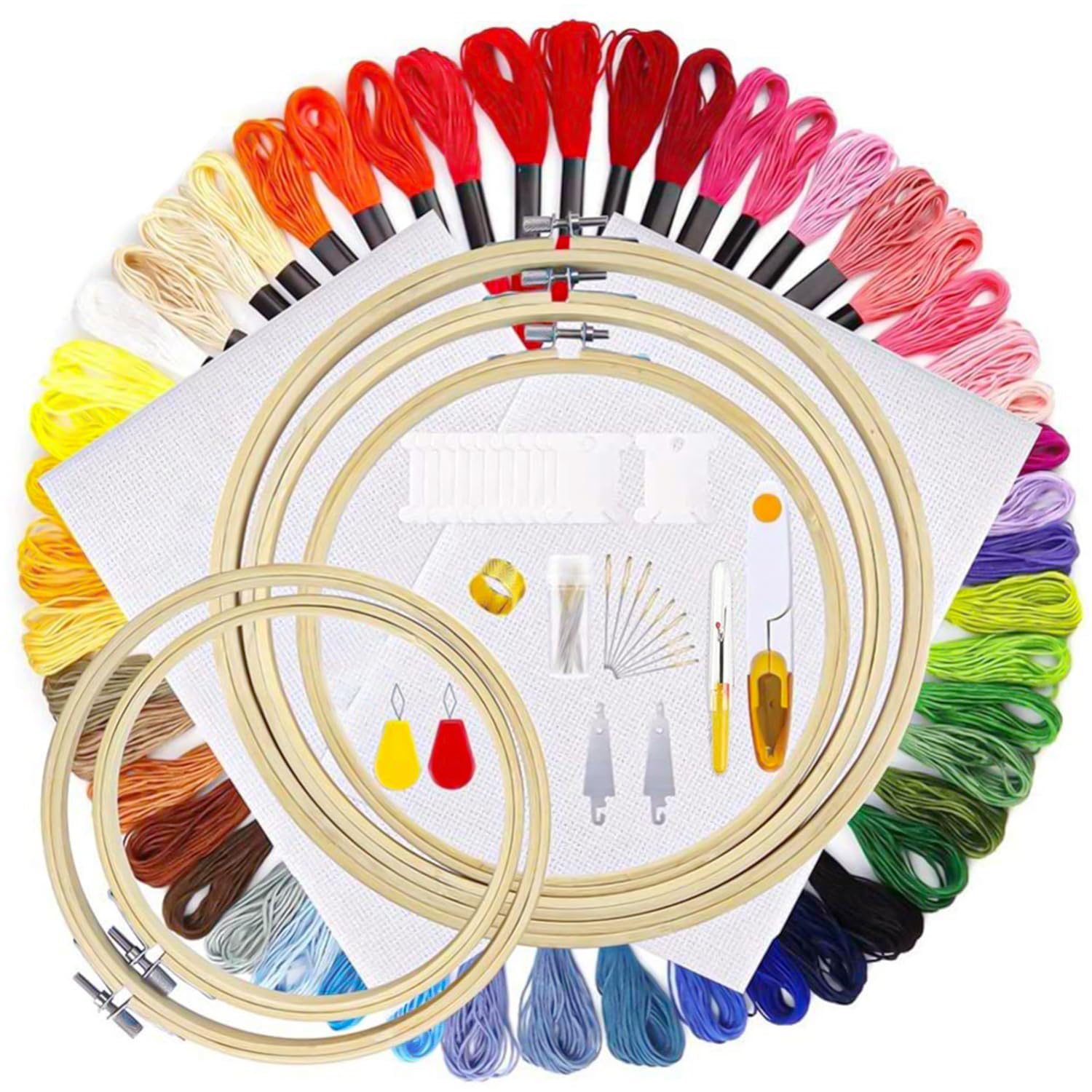 Embroidery Starter Kit - 5 Bamboo Hoops, 50 Colors Threads, 2 Cloths and Cross Stitch Tools for Sewing, DIY, Home Art, Handcraft