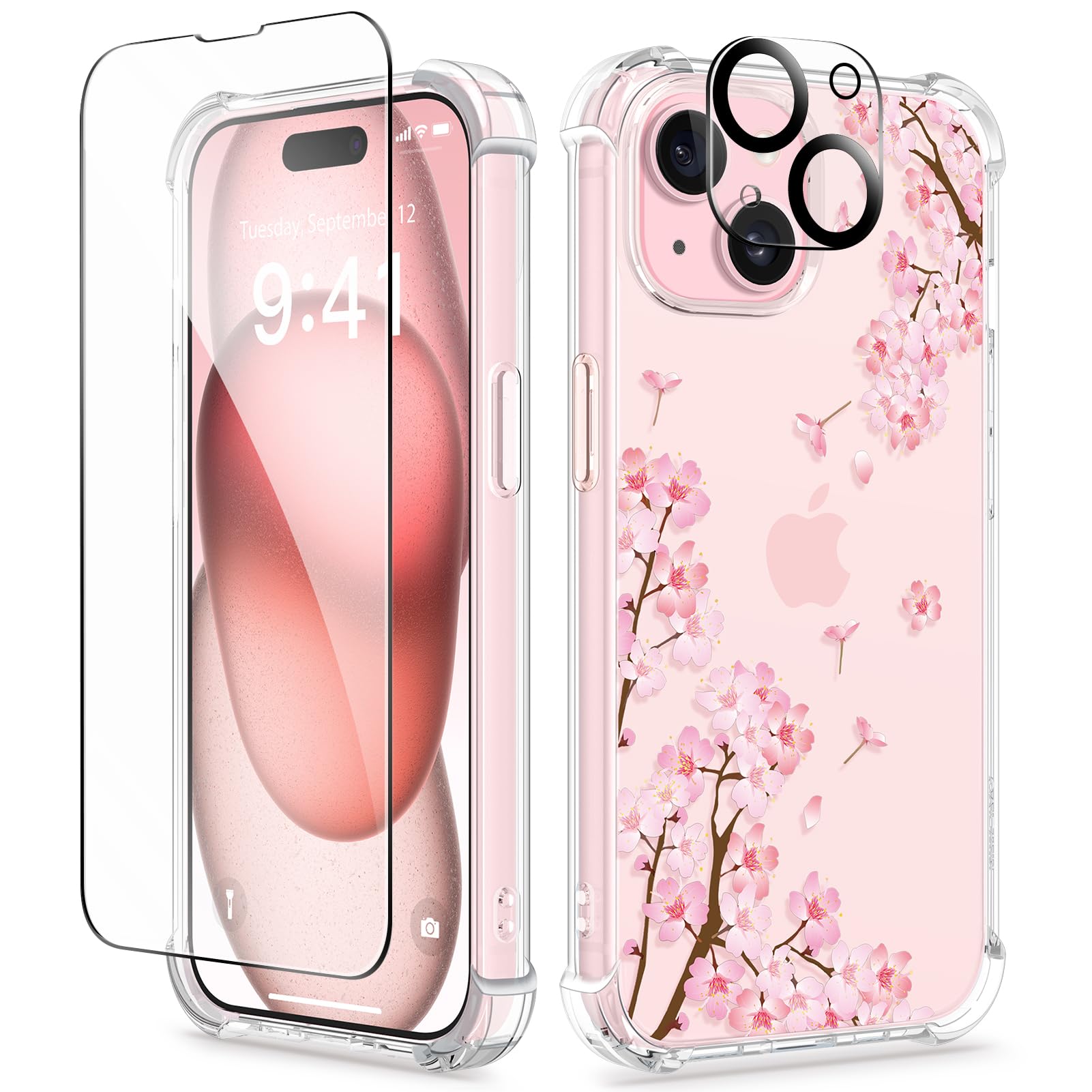Photo 1 of GVIEWIN for iPhone 15 Case, [3 in 1] with Screen Protector & Camera Lens Protector, Clear Soft Shockproof Slim Fit Floral Phone Cover for Women Girls 2023 6.1" (Sakura/Pink)