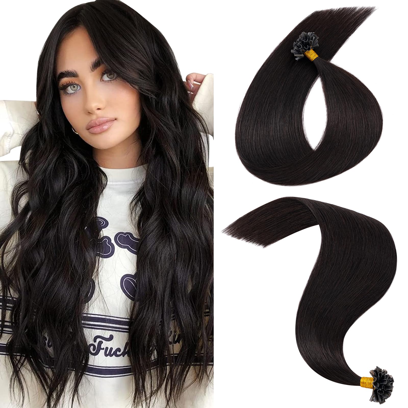 MY-LADY U Tip Hair Extensions Real Human #1B Natural Black Keratin Hair Extensions Invisible Straight K Tips Extensions for Women Natural Look 22 Inch 25g