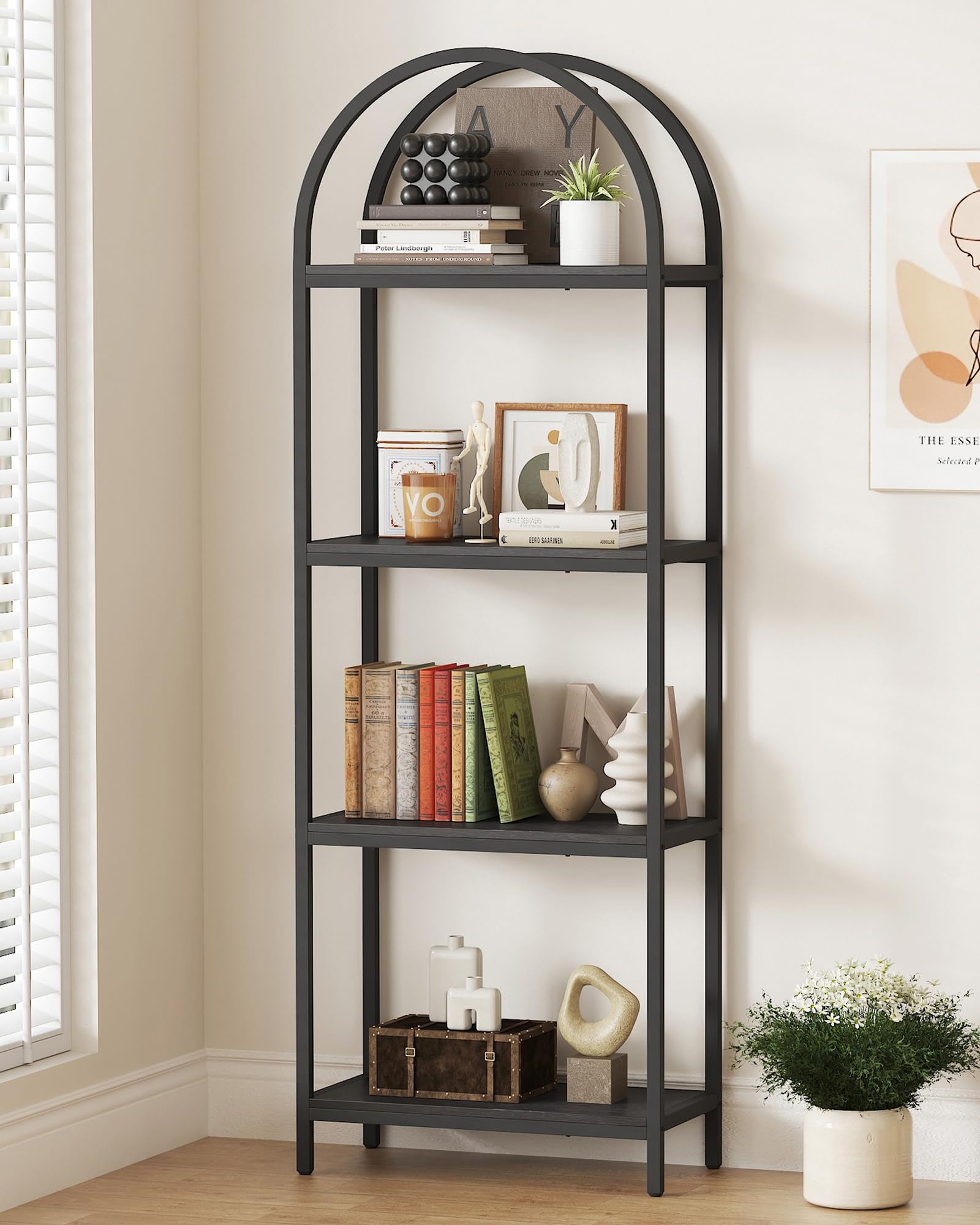 Photo 1 of Yusong Bookshelf 4 Tier Arched Bookcase, 71.3" Tall Industrial Open Book Shelves for Living Room, Modern Freestanding Display Shelving Unit Storage Rack with Metal Frame, Office, Bedroom, Black