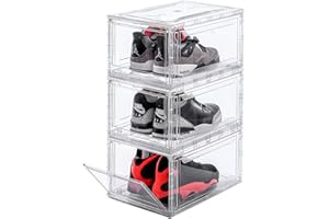 BBYB Shoe Box,Drop Front Shoe Box,Clear Plastic Stackable Storage Bins,Magnetic Transparent Door Clear Storage Bins 3pack (Large, E-Clear)