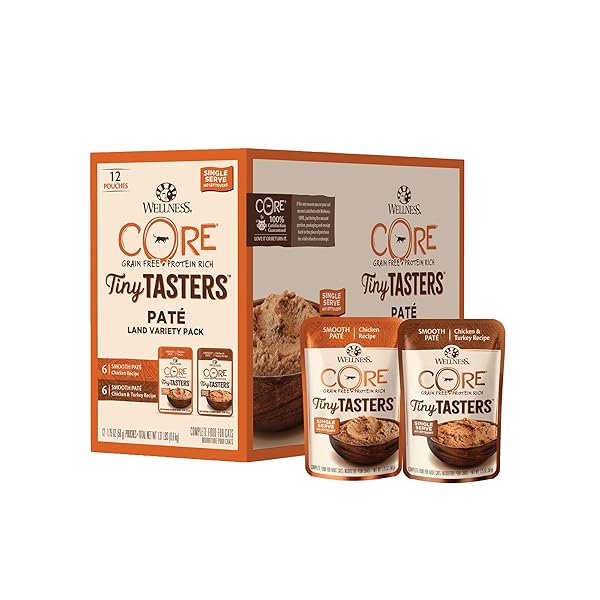 WELLNESS CORE TINY TASTERS PATE ADULT WET CAT FOOD, NATURAL, PROTEIN-RICH, GRAIN FREE, 1.75-OUNCE POUCH, 12 PACK, (LAND VARIETY PACK)