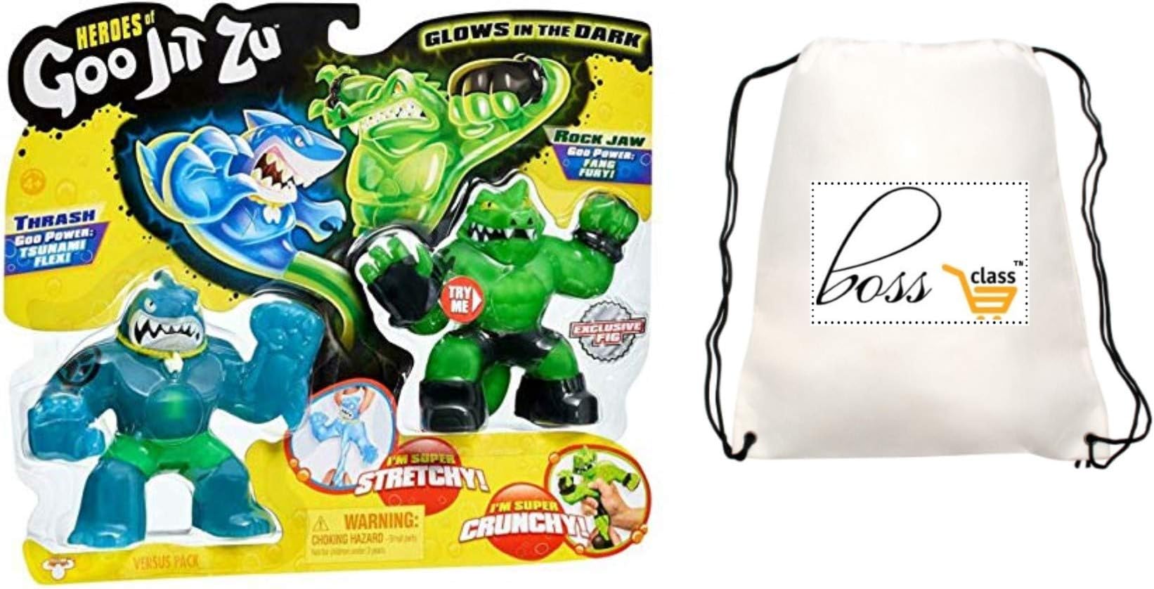 Heroes Boys of Goo JIT Zu (Bonus POG Exclusive SPIRLIE Pen) Mushy of Goo JIT Zu - 2 Pack of Glow in The Dark Action Figures, Stretchy Vs Crunchy