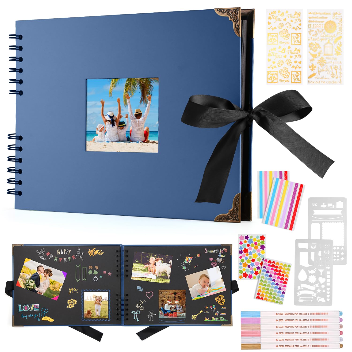DazSpirit Photo Books, 29.5 X 21 CM Wedding Photo Albums, Photo Album With Writing Space, 80 Pages Scrapbook, For 240 Pictures, 6 Color Marker Pen, Personalised Photo Book For Anniversary (Blue)