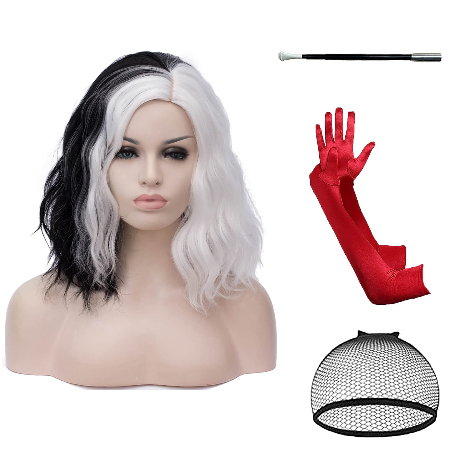 Photo 1 of BUFASHION 14" Women Short Black and White Kinky Straight Cosplay Synthetic Wigs With Air Bangs 46 Colors Available (White with Black)