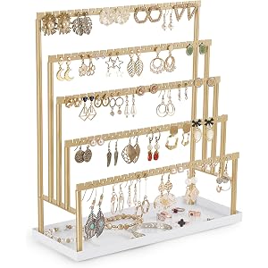 Mkono 5-Tier Earring Holder Organizer, Gold Jewelry Display Stand with Tray | 112 Pairs Ear Stud Hanger, Storage Bracelet Rin