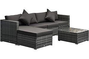 Outsunny 6 Piece Patio Furniture Set Outdoor Wicker Conversation Set All Weather PE Rattan Sectional Sofa Set with Ottoman, Cushions and Tempered Glass Table, Mixed Gray and Charcoal