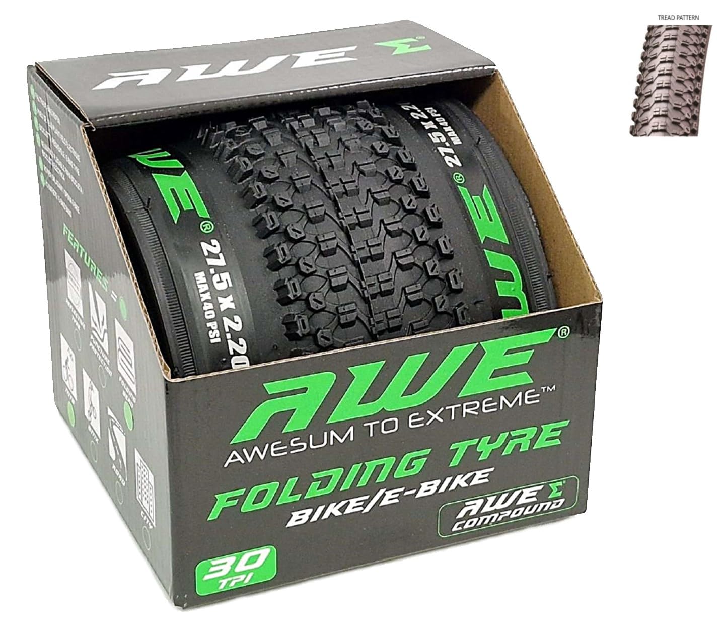 AWE® AWERide Bike/E-Bike Folding Tyre 27.5" x 2.20 cm MTB Tyre 30 TPI
