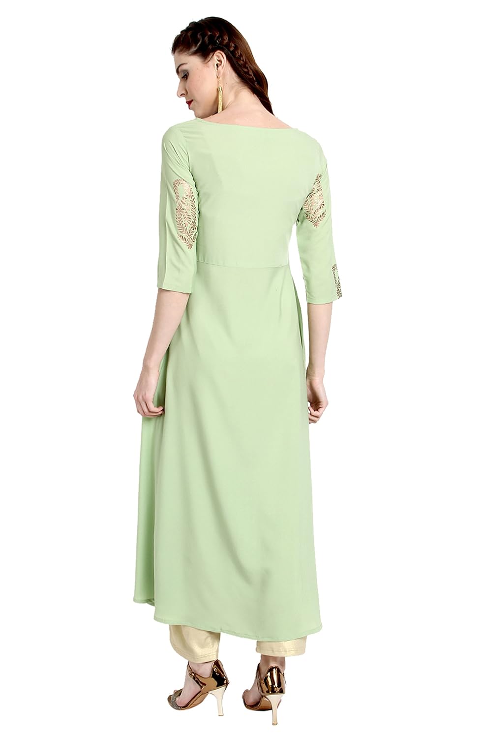 janasya women's crepe a-line gold foil print kurta