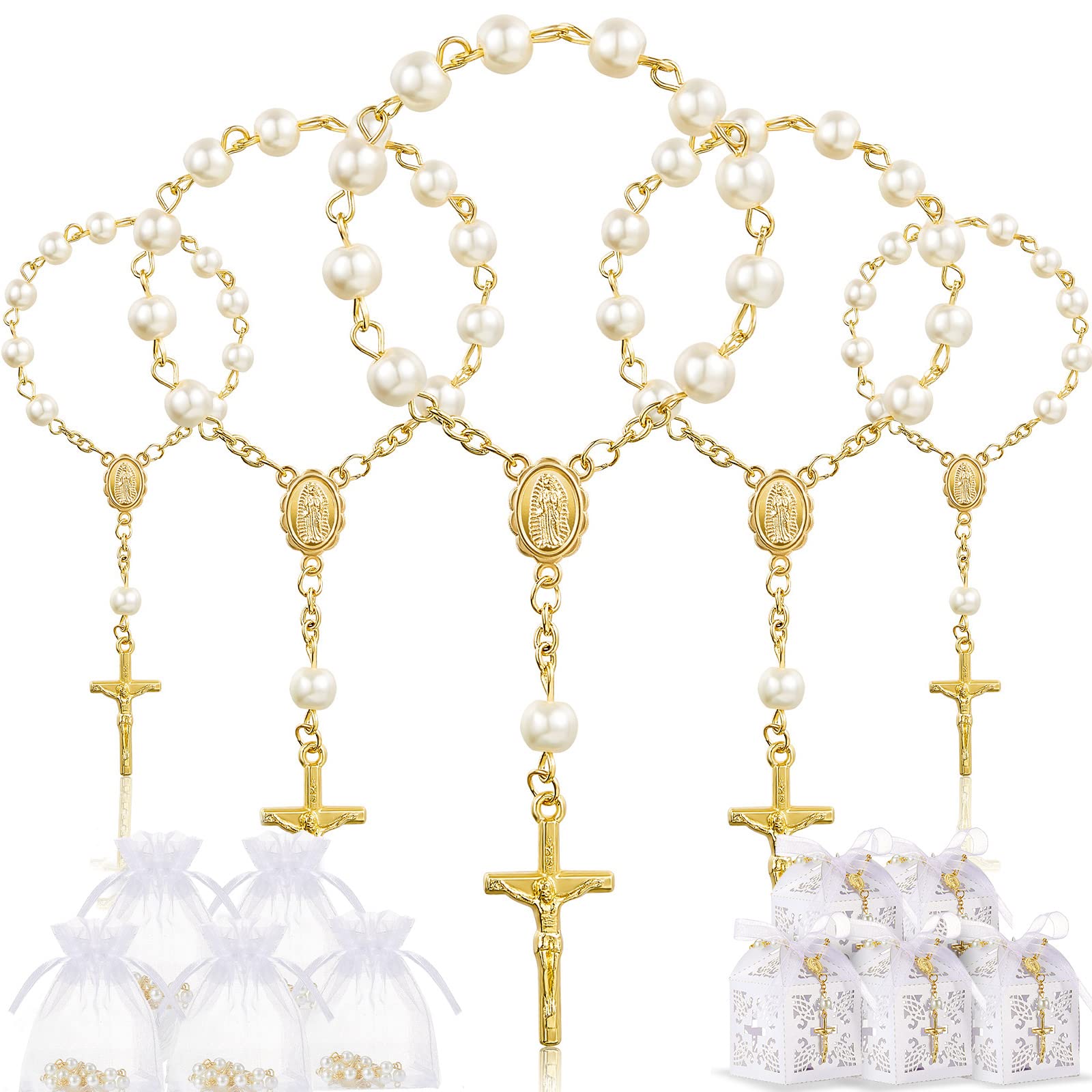50 Packs Baptism Favors Set Acrylic Baptism Rosary Beads Faux Pearls with Organza Bags Recuerdo De Boda Y Bautizo for Christening Party Favors(Gold Pearl Bracelet)