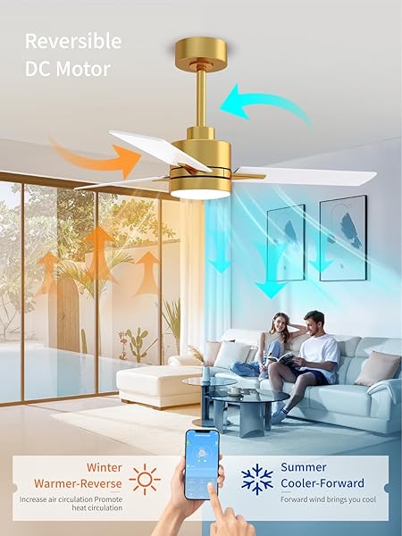 LANMEL 42” CEILING FAN WITH LIGHTS AND REMOTE, LOW PROFILE MODERN CEILING FAN GOLD, 6 SPEED, REVERSIBLE, 3000K-6000K LED, QUIET DC MOTOR FOR INDOOR OUTDOOR BEDROOM LIVING ROOM